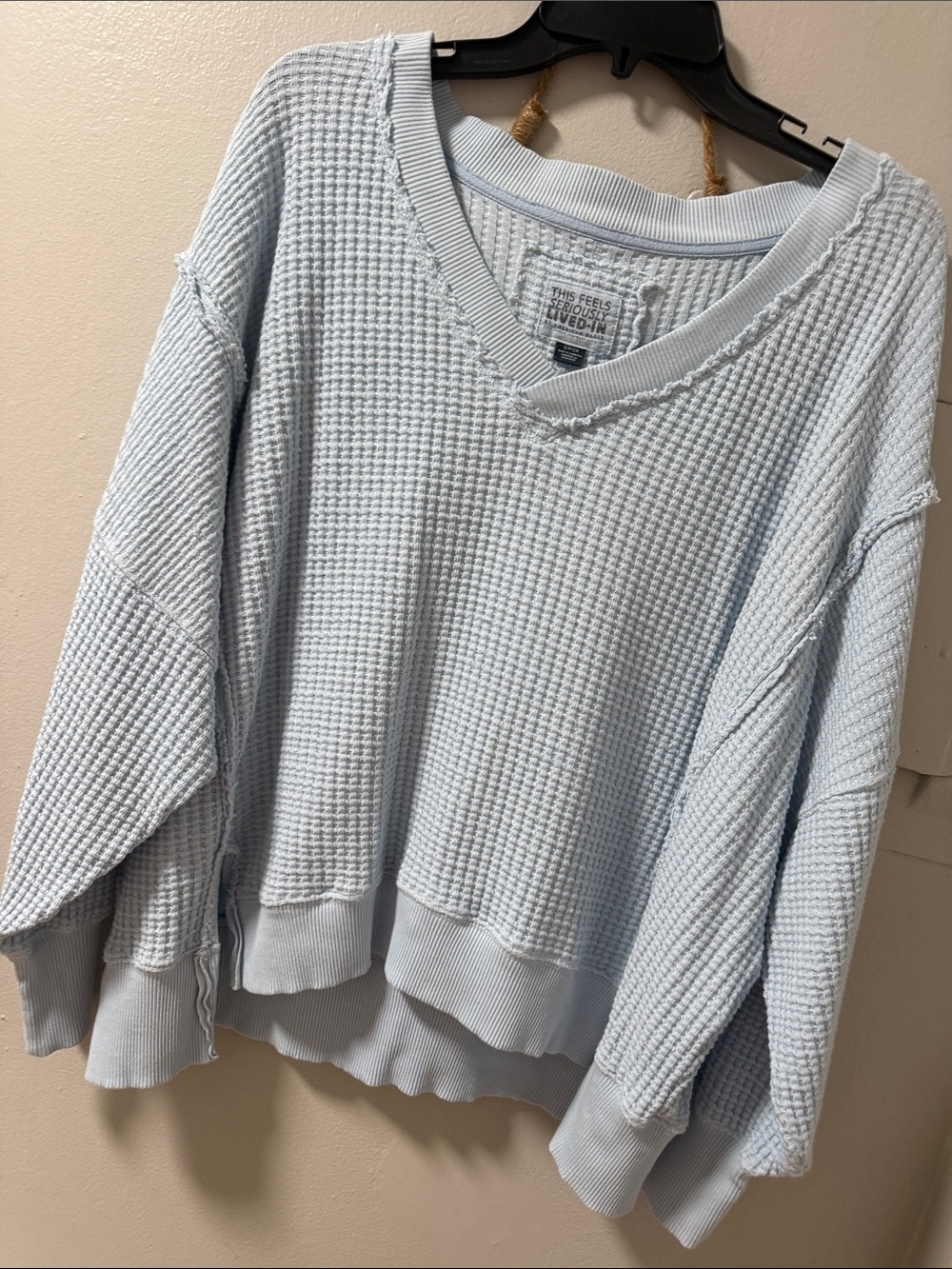 American Eagle Pale Blue Waffle V-Neck Pullover